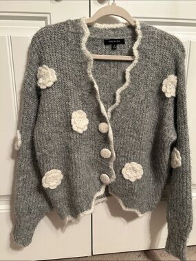 Soft Gray Floral Trim Cozy Cardigan